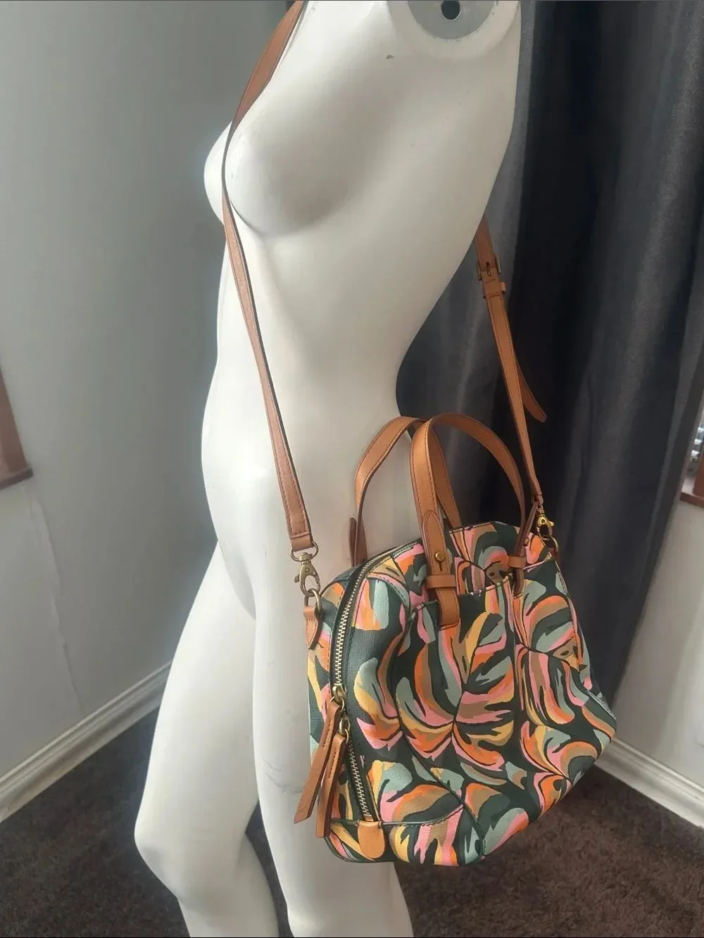 Fossil Rachel Tropical Leaf Print Pink/Green satchel/crossbody